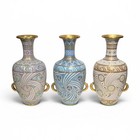Three  3  Antique Art Deco Period Cloisonne Enamel Inlaid Vases
