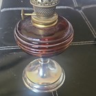 Japanese Glass   Metal Oil Lamp Brown Reservoir Clear Chimney Gold Base