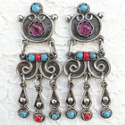 Vtg Matilde Poulat Matl Style Pierced Earrings Mexico Multi Gemstone Sterling