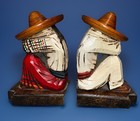 Vintage Hand Carved Wooden Bookends Mexicans Taking A Siesta Wearing Sombreros