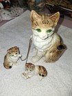 Vintage Porcelain Ceramic Mama Cat With 2 Baby Kittens Chained Japan 