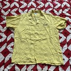Vintage 1950s 60s Yellow Flock Print Bowling Shirt Mens Yellow Rayon