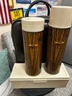 Vintage Thermos Picnic Set W 2 Thermos  Lunch Box   Brown Leather Tote Bag