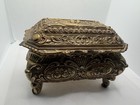 Antique Brass Plated Jewelry Casket  Ornate Roses  Red Velvet Lined Trinket Box
