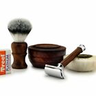 Wood Shaving Kit For Men Complete Double Edge Safety Brush Stand Bowl Soap