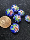 One Vintage Chinese Bead Cloisonne Canton Enamel Blue Flower Leaves 14mm Coin