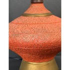 Vtg Table Lamp Mid Century Modern Orange Plaster Teak Wood 16 5  Plasto Mfg 60s