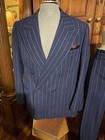 True Vintage 1940s Blue Wool Pinstriped Suit Double Breasted Peaked Lapels 46r