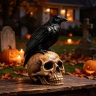 Gothic Crow Skull Figurine - Halloween Raven On Skull Statue Home Decor