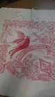 Large Antique Hand-embroidered Bird On Linen     33 1 4  X 29 1 4      Red Or Pink
