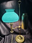 Antique Student Oil Lamp Brass Electrified W 2 Shades Cased Green Yellow Works