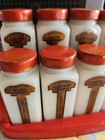 Griffth s Milk Glass Spice Jars Red Metal Lids  Metal Sifters  Red Plastic Rack 