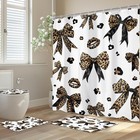 4 Pcs Leopard Print Bow Girls Bownot Bathroom Shower Curtain Set Rugs Mats
