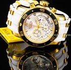 Invicta Mens Pro Diver Scuba Chronograph 18kt Gold Silver Dial White Strap Watch