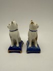 Vintage Staffordshire Style Cat Figurines On Cobalt Cushions     Distressed Pair