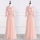 Blush Pink Mother Of The Bride Dress 3 4 Sleeve Lace Chiffon Long Formal Evening
