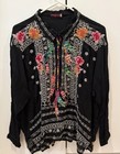 Johnny Was Top Pmedium Black Embroidered Long Sleeve Shirt Blouse Tunic  Euc