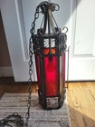 Vintage Spanish Gothic Iron Hanging Swag Lamp Mid Century Red Glass Light W Plug