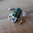 Vintage 80s Frog Brooch Gold Tone White   Green Rhinestones Whimsical Pin