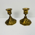 Vintage Pair Short Brass Candlestick Holders 3  Tall Round