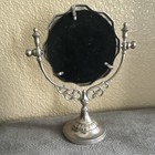 Silver Metal Framed Round Tiltable Tabletop Vanity Mirror  Vertical