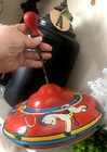 Vtg X Large Ohio Art Tin Litho Spinning Top Toy Red Blue Yellow Cowboy Pony