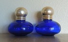 2 Cobalt Blue Vintage Vanity Bottles powder Shakers 3  Tall Silver-tone Tops