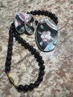Vintage 70   s Jewelry Lee Sands Necklace   Earrings Mop Inlay Floral Motif Set  