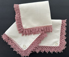 A  Vintage Lot 3 Nos Creamy White Linen Hankies Wt Fancy Mauve Pink Tatted Lace