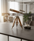 Vintage Brass Telescope On Wooden Tripod     Classic Desk Decor