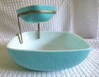 Vintage Mid Century Turquoise Pyrex Square Bowl Chip   Dip Set With Metal Holder