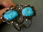 Native American Navajo Rich Blue Turquoise Sterling Silver Floral Cuff Bracelet