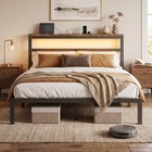 Full queen Size Metal Bed Frame With Storage Headboard  Charging Station And Led