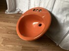 Vtg 19x16 Cast Iron Tiger Lily Orange Porcelain Oval Self Rimming Drop In Sink 2