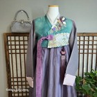 Excellent Condition Korean Women Hanbok Set Emerald Green Jeogori Lavender Chima