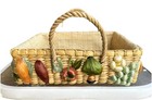 Vintage Hand Woven Basket Casserole Carrier Handles 3d Vegetables Burlap Lining