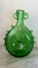 Vintage Green Hand Blown Art Glass Bottle Vase Applied Prunts Loop Handles