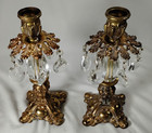 Vtg Set Of Ornate Metal Candlesticks Holders With Prisms Hollywood Regency 2pc