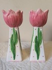 Pair Vintage Ganz Pink And Green Tulip Ceramic 6  Taper Candle Holders  K1
