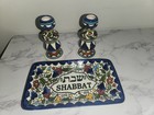 New In A Box Israeli Hand Painted Shabbat Ceramic Tray And Candle Holder Set