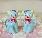 Vintage Mcm Norcrest Japan Blue Ceramic Cat Salt   Pepper Shakers Set Figurines
