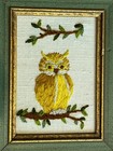 Vtg Handmade Framed Crewel Owl Wall Art Groovy Boho Cottage Earthy Retro 7 5   x6   