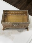 Vintage Filigree Ormolu Beveled Glass Jewelry Casket Box Velvet Lining
