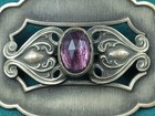 Wonderful Old Antique Brass   Purple Glass Pin  C Clasp - 2 75  X 2 