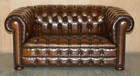 Restored 165cm Wide Chesterfield Fully Tufted Two Seat Brown Leather Club Sofa