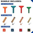 144 Pcs Assorted Preformed Coin Wrapper Rolls With Color Coded Coin Counter 