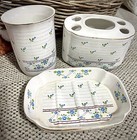 Vintage Ceramic Bathroom Set Blue Floral Soap Dish Cup Toothbrush Holder Cottage