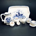 Vintage Miniature Delft Blue   White Porcelain Tea Set   10 Pieces