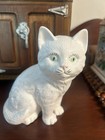Vintage White Ceramic Cat Figurine Green Eyes Sitting Kitty Hand Painted 6   