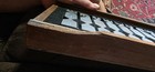 Vintage Wooden Chess Set In Box Case W  Stylized Black White Blue Pieces